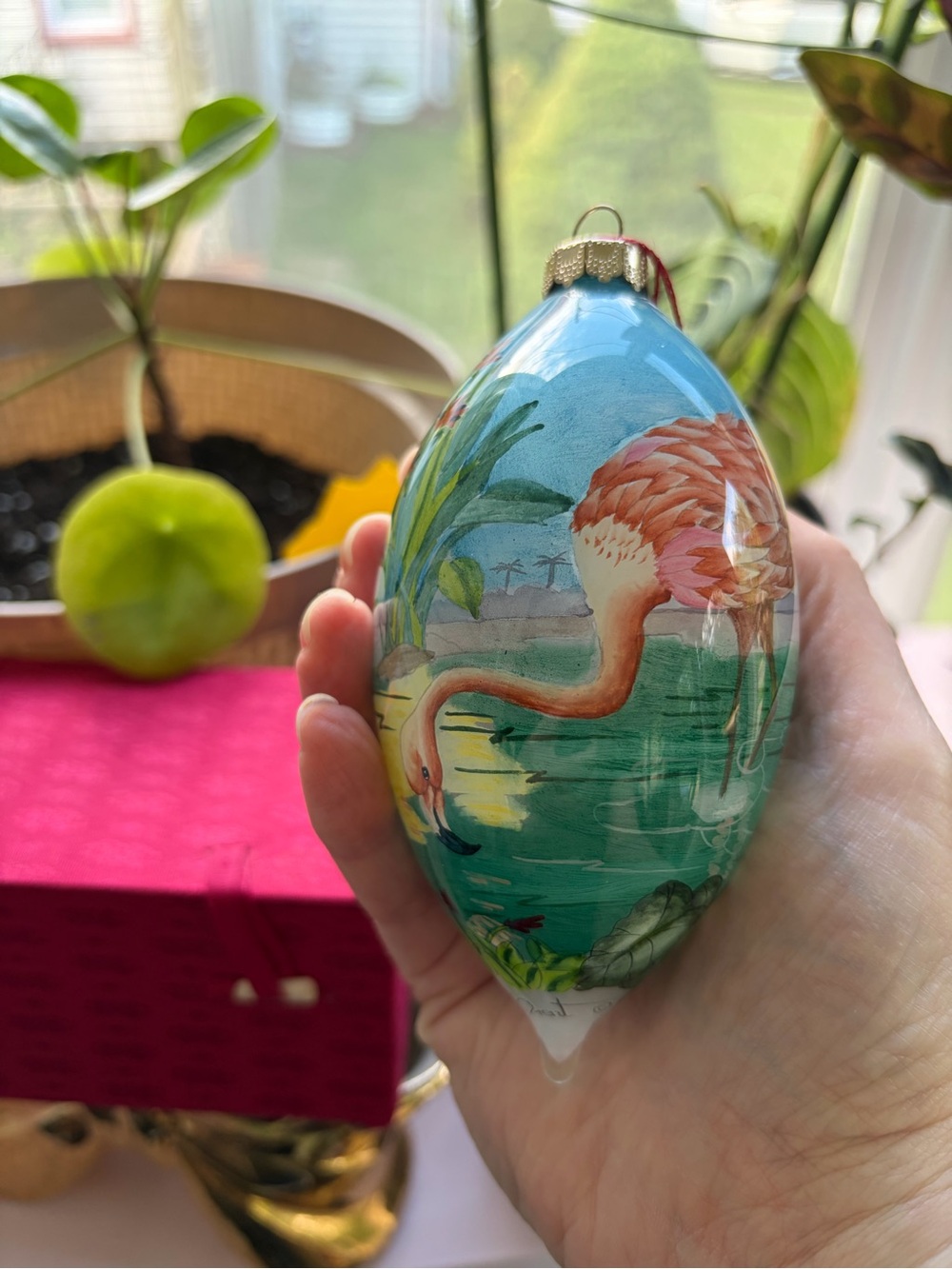 Reverse Painted Flamingo Glass Ornament - Blue & Pink
